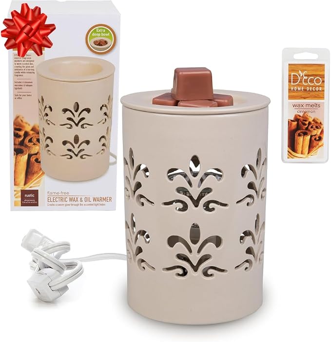 D'Eco Fragrance Wax Melt Warmer - Electric Scented Tart & Candle Warmer w 6 Cinnamon Cubes - Plug-in Halogen Bulb Melts Cubes & Fills Room w Fresh Scents & Night Light Glow for Mom