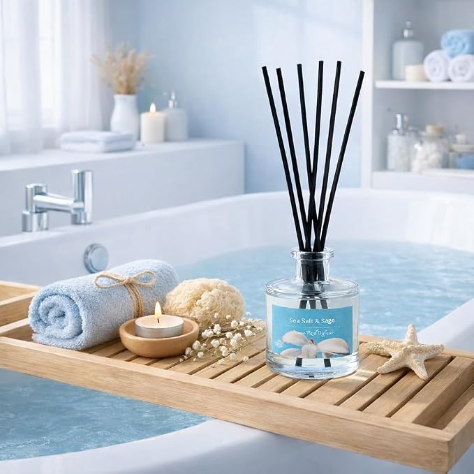 Reed Diffuser Set, Sea Salt & Sage 3.52 oz (100ml) Scented Diffuser with Sticks Home Fragrance Reed Diffuser for Bathroom Shelf Decor, Ideal Gift for Woman