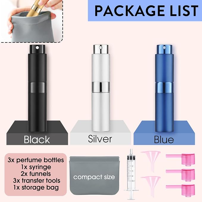 3 Pack 8ML Portable Atomizer Perfume Cologne Travel Spray Bottle for Refill Empty Cologne Dispenser Mini Sprayer for Adults Twist Tpye