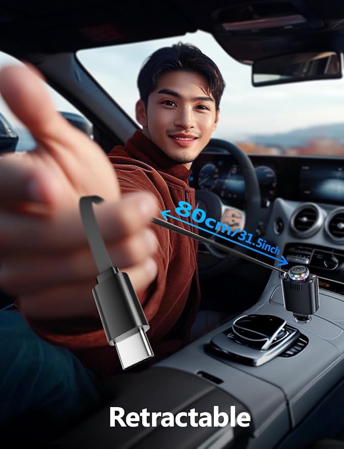 Aromatherapy 5 in 1 Retractable Car Charger with Starlight, USB C Car Charger Adapter and 2 USB Ports, Aroma Starry Sky Car Air Freshener Diffuser Fast Charging Compatible with iPhone 16 15 14 13 12