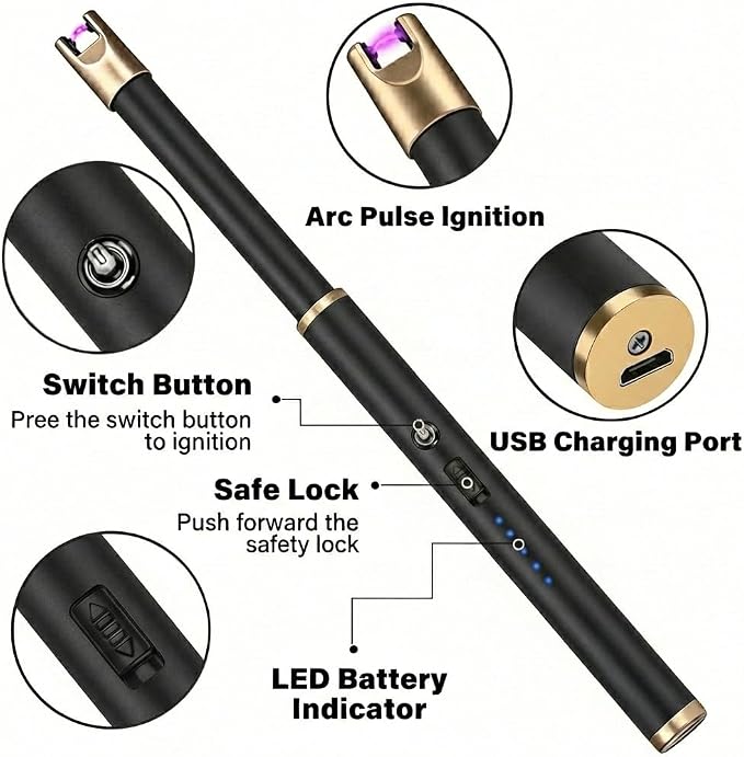 Electric Candle Lighter Windproof USB Rechargeable Flameless Long Neck Lighter for Candles Gas Stove Fireplace BBQ Kitchen Grills (Black Champagne Gold)