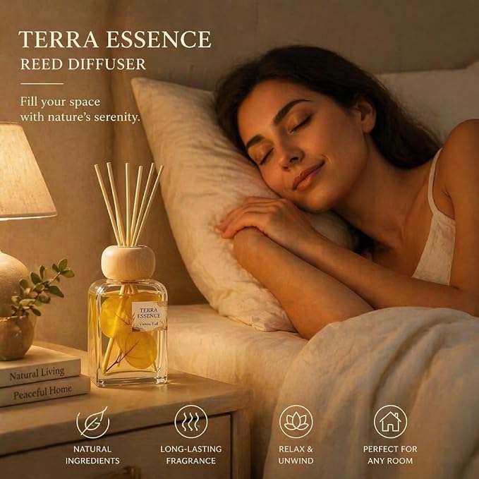 Terra Essence Reed Diffuser Set, Natural Wood & Forest Scent, Long Lasting Home Fragrance with Dried Leaves Decor, 100ml Essential Oil Diffuser for Living Room, Bathroom, Office, 3.4 FL OZ