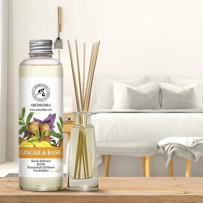 Reed Diffuser Refill Ginger & Basil 6.8 Fl Oz - Aroma Diffuser with Essential Ginger Oil - Fragrance Diffuser - Spicy and Fresh Fragrance - Natural Fragrance - Aromatherapy - Air Freshener