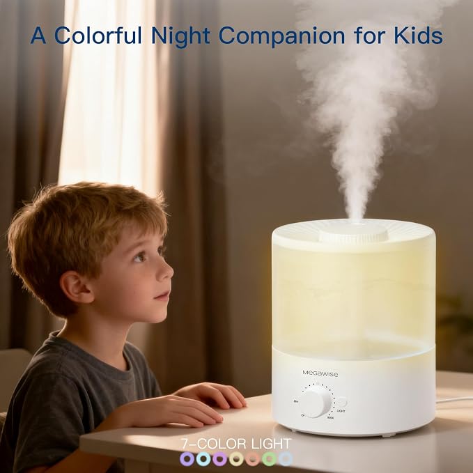 Megawise Cool Mist Humidifiers for Bedroom, 2L Tank Ultra-Quiet Humidifier for Large Room, 40H Runtime with 7 Color Ambient Light, Auto Shut-Off Protection