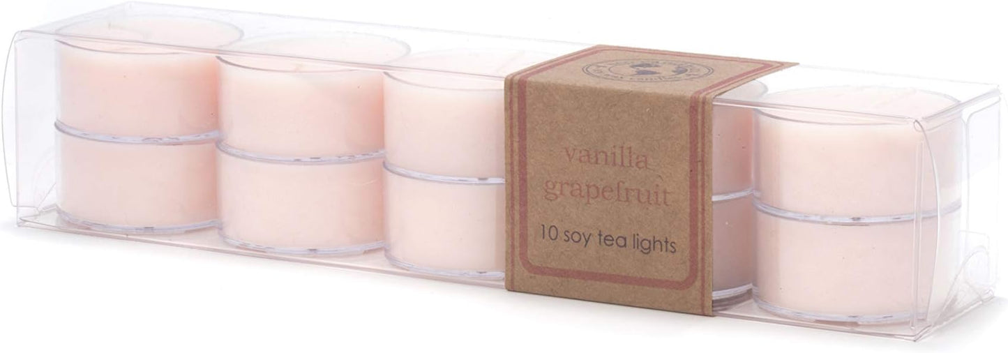 Eco Candle Co. Tea Light Candles, Vanilla Grapefruit, 10-Pack - Scents of Vanilla & Pink Grapefruit - Recyclable, 100% Soy Wax, No Lead, Hand Poured, Made from Midwest Grown Soybeans, .6 oz. Each