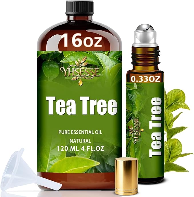 Tea Tree Essential Oil, Tea Tree Oil 16 Fl Oz 480ml for Diffuser Yoga Soap & Candle Making – with 0.33 Oz Roller Ball & Funnel YHSESSE Essential Oils