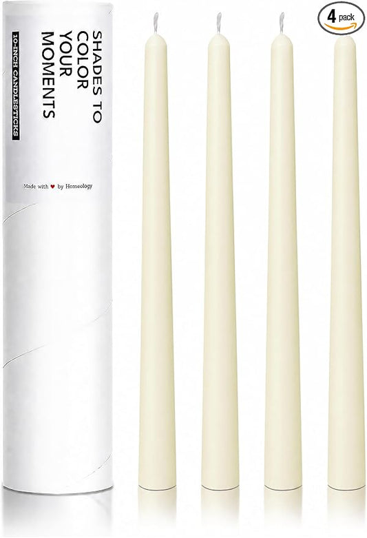 10" Classic Taper Candles, Ivory, 4-Pack, 7-8 Hours Long Burning, Unscented Tall Candlesticks
