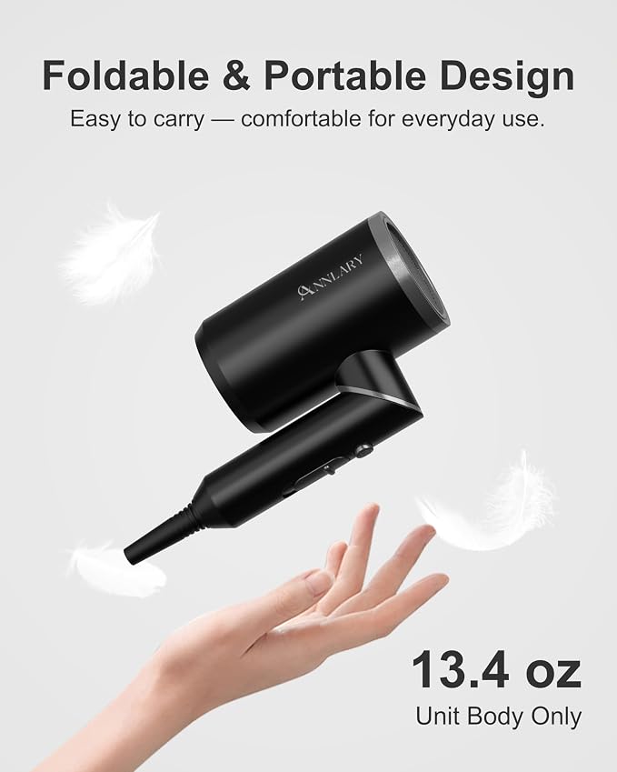 ANNLARY Hair Dryer with Comb | 1800W Blow Dryer with Diffuser for Curly Hair | Plasma Ionic Hairdryer for Frizz Control | Foldable & Protable Design for Travel | 6.5 ft ALCI Cord