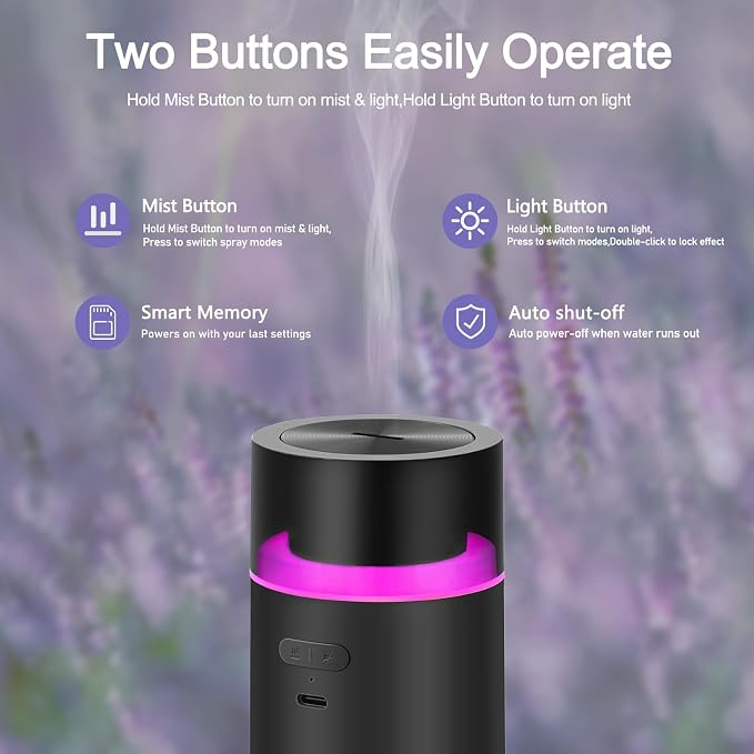 HODEMI Portable Smart Car Essential Oil Diffuser,Cordless Mini Cold Mist Aromatherapy Air Freshener Diffuser with Mode Memory,Auto On/Off,4/8 Timer Modes,for Bedroom Office and Travel (Black)