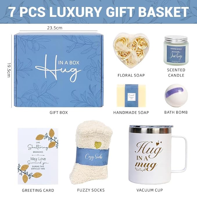 7 Piece Luxury Bath & Body Gift Set for Women,mothers day gifts: Hug in a Box Relaxing Home Spa Kit, with Insulated Mug, Scented Candle & Bath Bomb, Self Care Gift for Birthday
