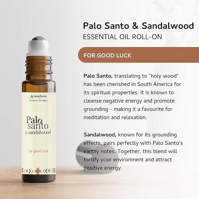 Palo Santo & Sandalwood Essential Oil Roll-On by Aromafume | 1 x 10ml / 0.33 fl oz | Aromatherapy Oils | Natural Roll On Perfume | Spiritual Meditation Accessories.