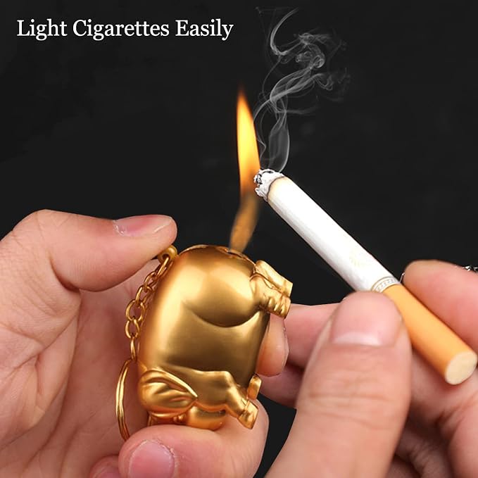 Creative Golden Pig Torch Lighter - Portable Gas Lighter with Adjustable Soft Flame, Refillable Butane for Outdoor & Indoor Use