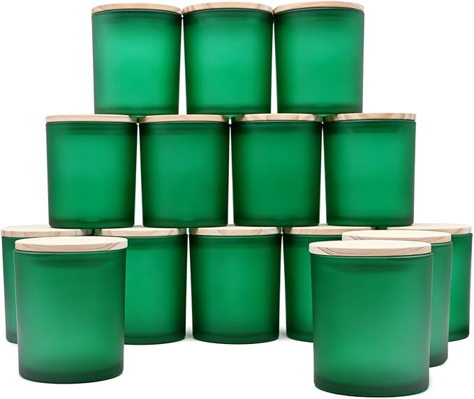 SHOWIN 10 OZ Thick Candle Jars for Making Candles 15 Pcs, Empty Jars with Wood Lids for Candle Making, Sample Container, Frosted Green