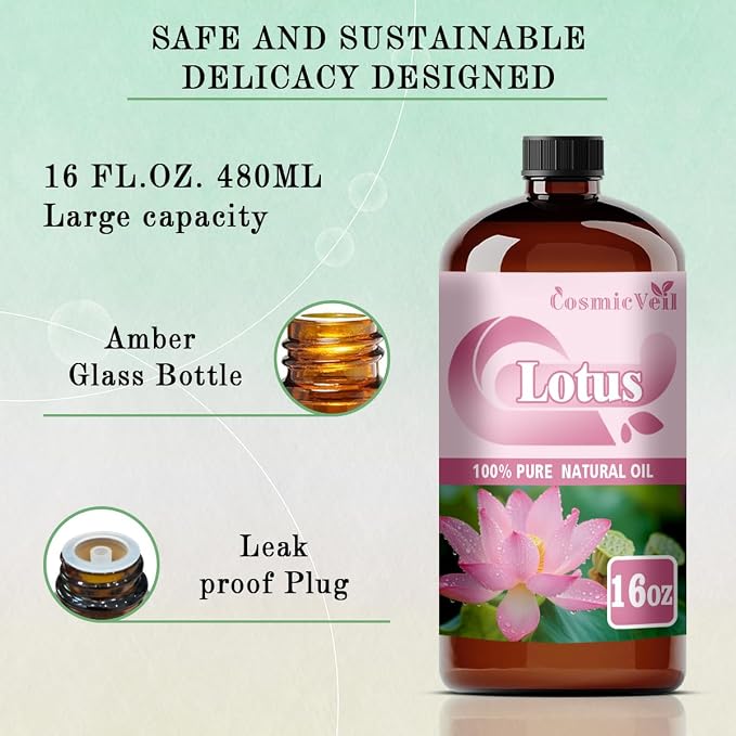 Lotus Essential Oil Lotus Oil for Aroma Diffuser,Humidifier,Home Fragrance,Cleaning,Body Care,Massage,Yoga,DIY Candle,DIY Soap CosmicVeil（Lotus，16 Fl Oz (Pack of 1)）