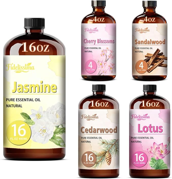 Fidelissima Natural Essential Oil Set,5 Scents Gift Kit–Jasmine,Cherry Blossom,Sandalwood,Cedarwood,Lotus,Fragrance Oil for Diffuser,Candle Soap Making,Personal Care with Glass Dropper