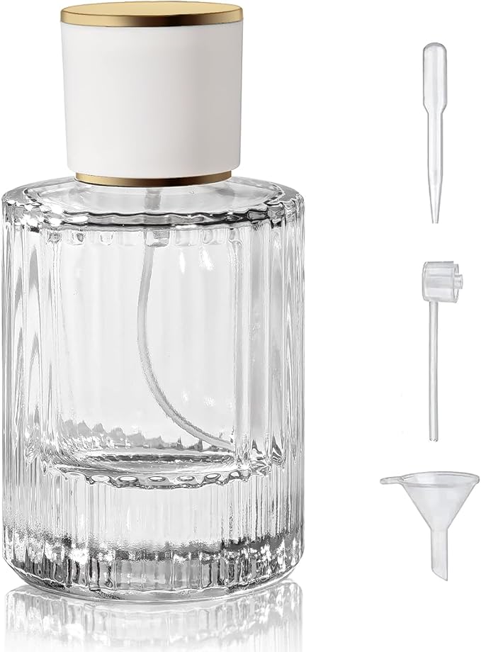50ml/1.7 Oz Glass Spray Bottle Perfume Atomizer,Round Glass Perfume Travel Refillable Spray Bottle Empty with 3 Kinds of Dispenser (Clear1)