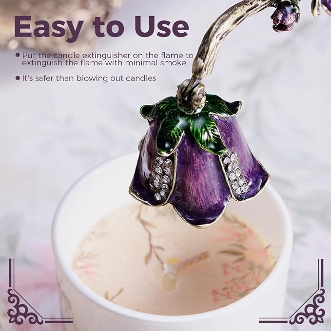 Flower Candle Snuffer Accessory, Vintage Exquisite Candle Extinguisher, Retro Unique Design Candle Extinguisher Flame with Long Handle Putting Out Fire, (Purple)