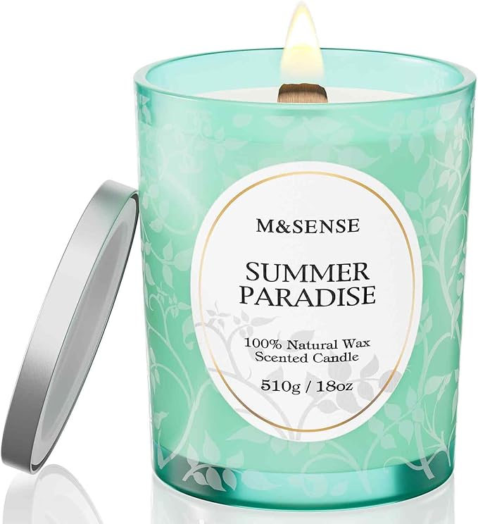 M&SENSE Summer Paradise Scented Candle | Cracking Wooden Wick, Soy Wax, 18oz, 100 Hours Long Lasting, Non-Toxic Aromatherapy