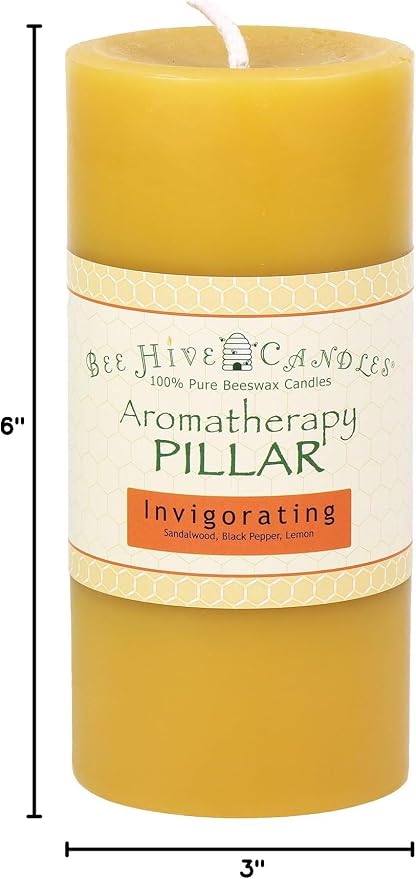 Bee Hive Candles 100% Pure Beeswax Aromatherapy Pillar Candle (3" x 6", Invigorating)