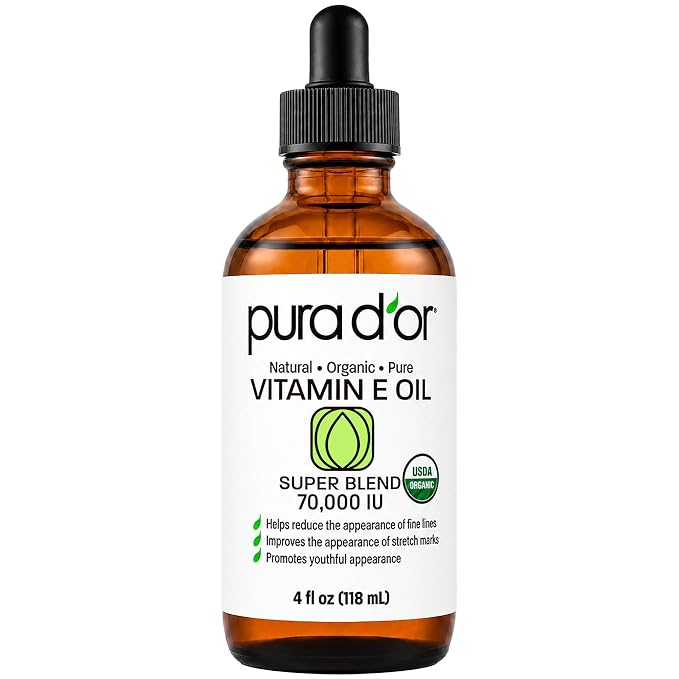 PURA D'OR 4 Oz Organic Vitamin E Oil 70,000 IU, USDA Certified Ayurvedic Skin Care, Face, Body w/Argan, Jojoba, Rosehip, Apricot, Almond & Avocado, Lightweight Moisturizer for Soft, Smooth Skin