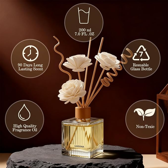 Jasmine & Sandalwood Reed Diffuser - 6.7 oz Glass Bottle with 4 Rattan Sticks, 3 Dried Flowers | Adjustable, Long-Lasting Scent for Home, Bedroom, Living Room, Office, Bathroom | Aromatherapy Gift