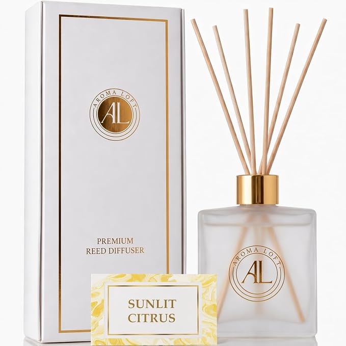 Frosted Reed Diffusers Sticks in Oil Set with Sunlit Citrus Scent | Long-Lasting Reed Diffusers for Home, Office, Bathroom, & Bedroom Decor Fragrance Diffuser | Frosted Diffuser | (5 oz)