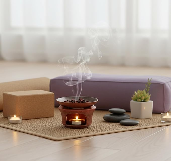 Ceramic Incense Burner Kit, No Electricity Needed,Zen-Inspired Aromatherapy Oil Burner with Rustic Terracotta Glaze, Perfect for Home, Office, Yoga & Meditation (Reddish Brown)