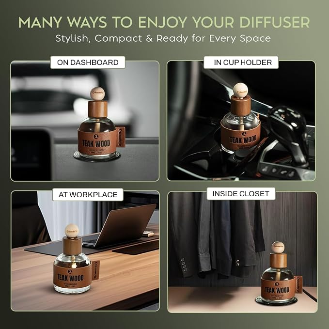 Car Air Freshener - Long Lasting Essential Oil Diffuser - Aromatherapy Accessories for Men & Women -Teakwood Car Scent Diffuser 3.38 FL OZ/100ML