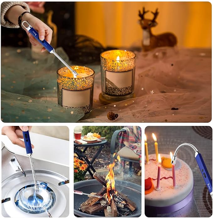 SUPRUS Rechargeable USB Arc Electric Lighetrs with Safety Switch 360° Flexible Neck Flameless Grill Long Lighters for Candle Camping Cooking (Dark Blue, 2Packs)