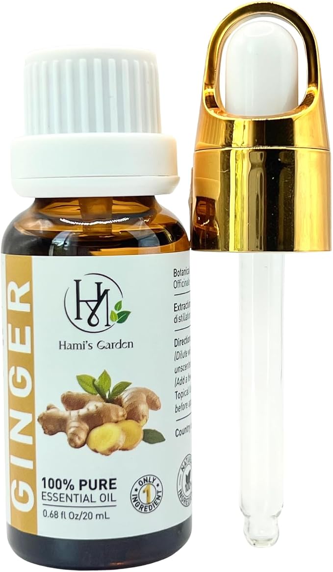 Hami’s Garden Ginger Essential Oil – 100% Pure and Natural – Premium Grade with Glass Dropper – for Massage, Skin Care, DIY Products and Diffuser – 0.68 fl Oz/20 mL