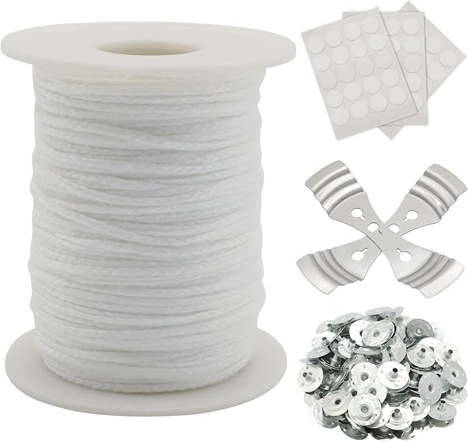 Candle Wick Roll, RAPUDA 200 Ft 24 PLY Braided Wick Spool, 2 Pcs Metal Candle Wick Holders,100 Pcs Metal Sustainer Tabs, 60 pcs Candle Thread Stickers for Candle DIY Craft Making