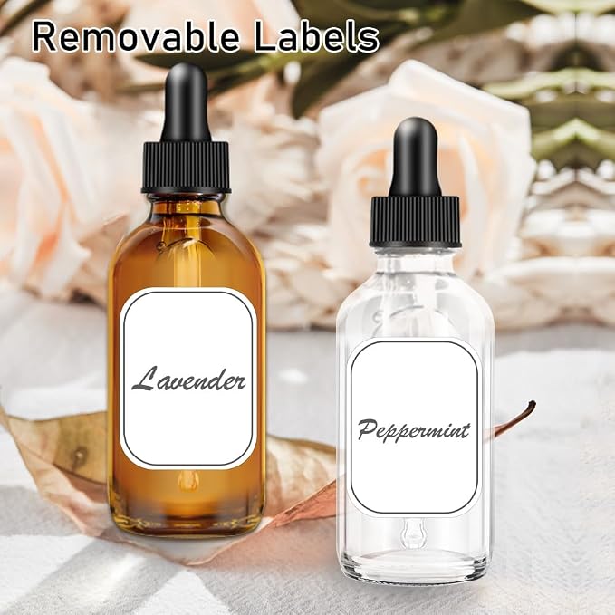 Bumobum 2 oz Clear and Amber Bottle, 2 pack Glass Dropper Bottles for Essential Oils Bottles with Funnel, Labels and Measured Dropper - Leakproof Lap dispensing
