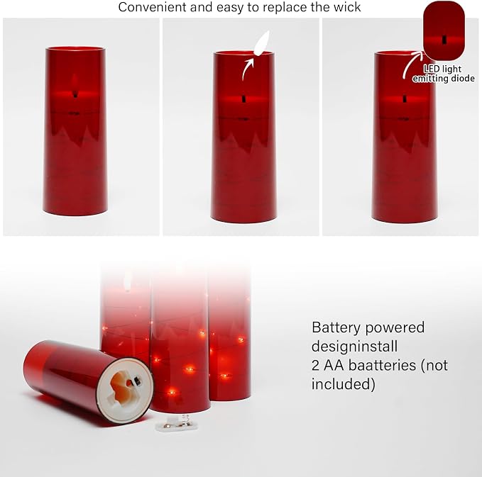 kakoya Flameless LED Candles with Timer 5 Pc Flickering Flameless Candles for Romantic Ambiance and Home Decoration Stable Acrylic Shell,with Embedded Star String，Battery Operated Candles（Red）