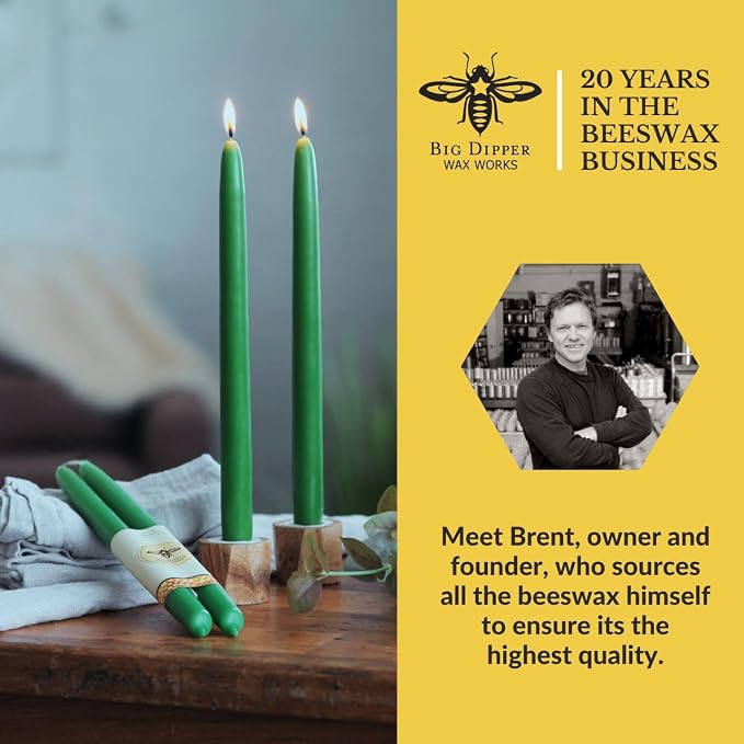 Big Dipper Wax Works Forest Green Hand-Dipped Beeswax Taper Candles – 12” x 7/8”, 2-Pack, 100% Pure Beeswax, Long Burning, Clean, Cotton Wick, Handmade in USA, Home Décor & Wedding Candles