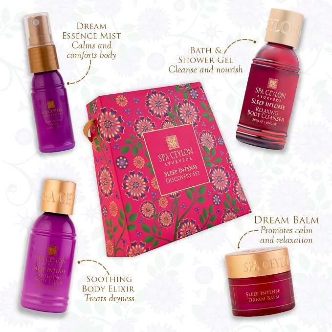Spa Ceylon Ayurveda Sleep Intense Discovery Set – 4-Piece Natural Calming Gift Set with Neroli, Lavender & Ylang Ylang – Body Cleanser, Body Elixir, Dream Mist & Dream Balm