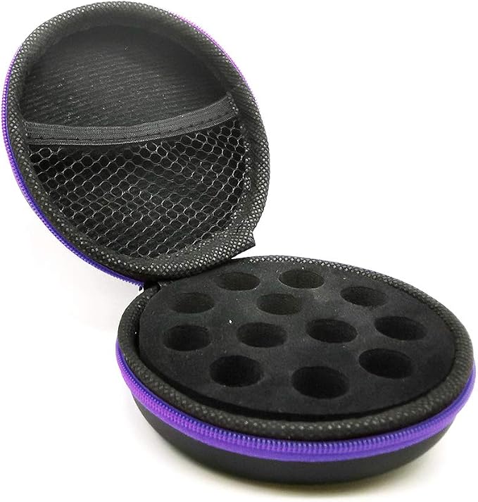 Glass Bottle Bundle Essential Oils Case Hard Round Carrying Case Storage Bag for 1ML 2ML Roller Bottles Oil Vial Bottles (12 Holes Purple)