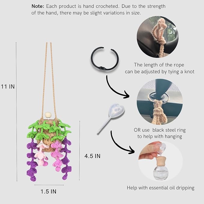 ROFIGL Handmade Crochet Hanging Car Air Freshener - Botanical Wisteria Blossom Design with 12ml Refillable Glass Essential Oil Bottle, Long-Lasting Car Diffuser & Nature-Inspired Decor