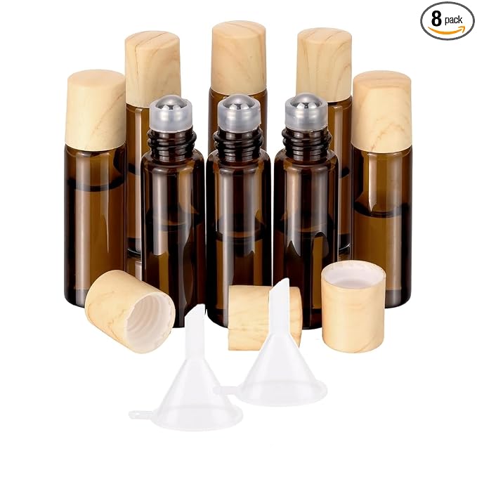 5mL(1/6 Oz) Amber Glass Roll On Bottles, 8 Pack Leak Proof Refillable Roller Bottles for Essential Oils, Perfume, DIY Craft, Samples, Eye Roller, Travel Portable