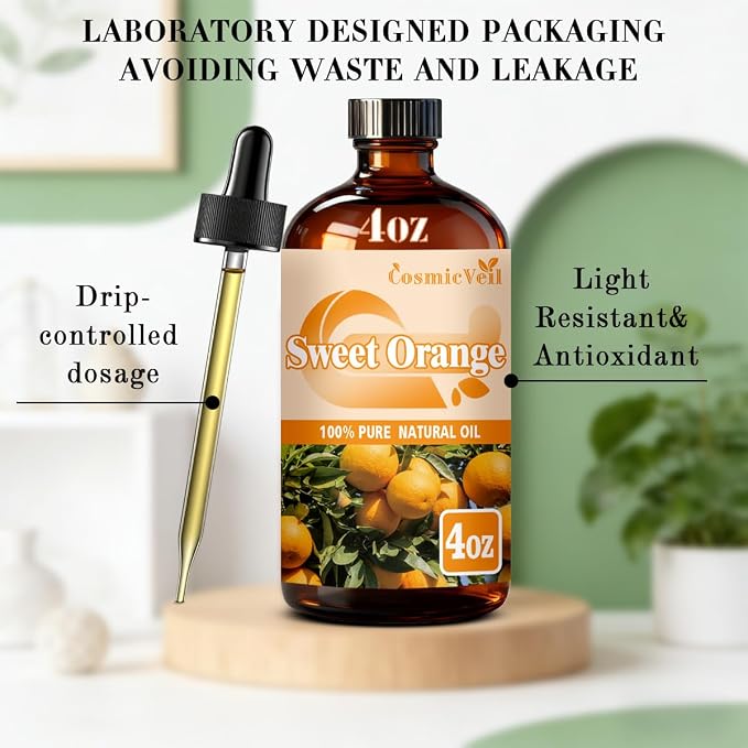 Sweet Orange Essential Oil Sweet Orange Oil for Aroma Diffuser,Humidifier,Home Fragrance,Cleaning,Body Care,Massage,Yoga,DIY Candle,DIY Soap CosmicVeil（Sweet Orange，4 Fl Oz (Pack of 1)）
