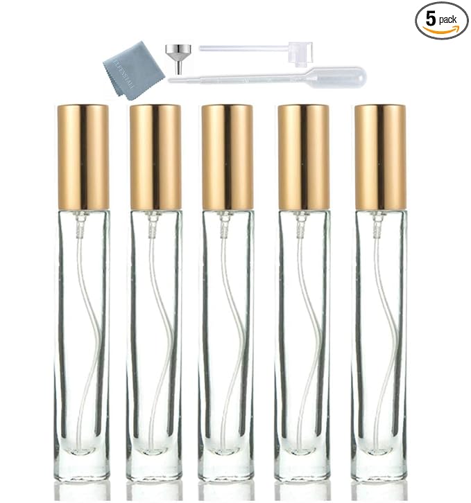 Thick Glass 5pcs 10ml 1/3oz Gold Spray Bottle Refill Perfume Hydrating Fragrance Fine Mist Atomizer Cosmetic Container Round Tube Party Makeup Tool Travel Gift Sample