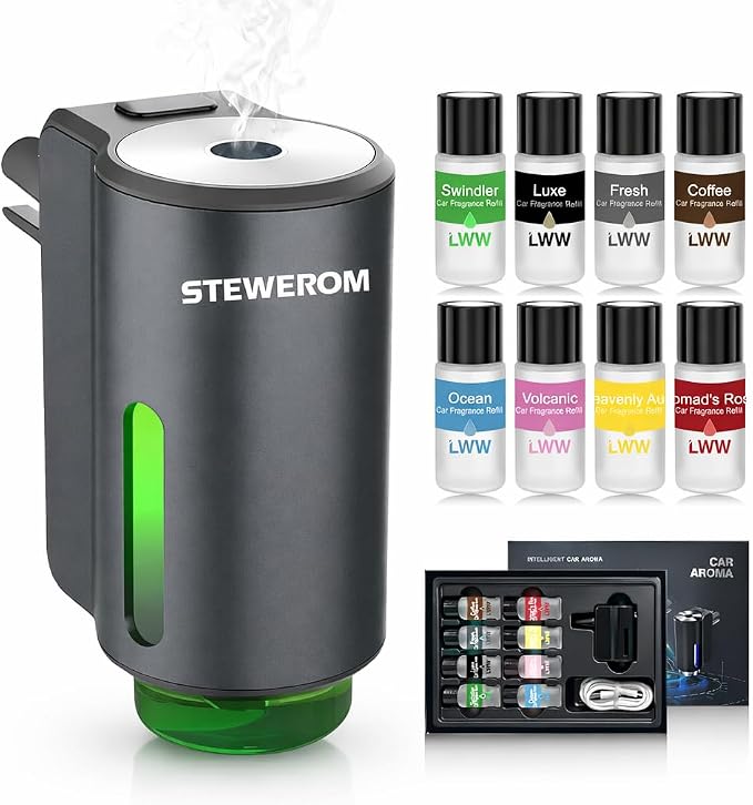 Car Air Freshener - Smart Adjustable 3-Speed Intensity, Rechargeable Humidifier Car Essential Oil Diffuser - Comes with 8 Bottles of 10ml Perfume (Gray)