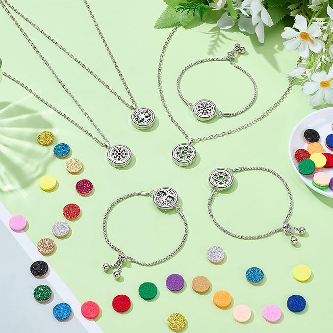 AHANDMAKER 66Pcs Essential Oil Diffuser Necklace Bracelet Set 3 Styles Stainless Steel Aromatherapy Locket Adjustable Diffuser Bracelet Refill Pads Jewelry for Jewelry Accessory Birthday Gift