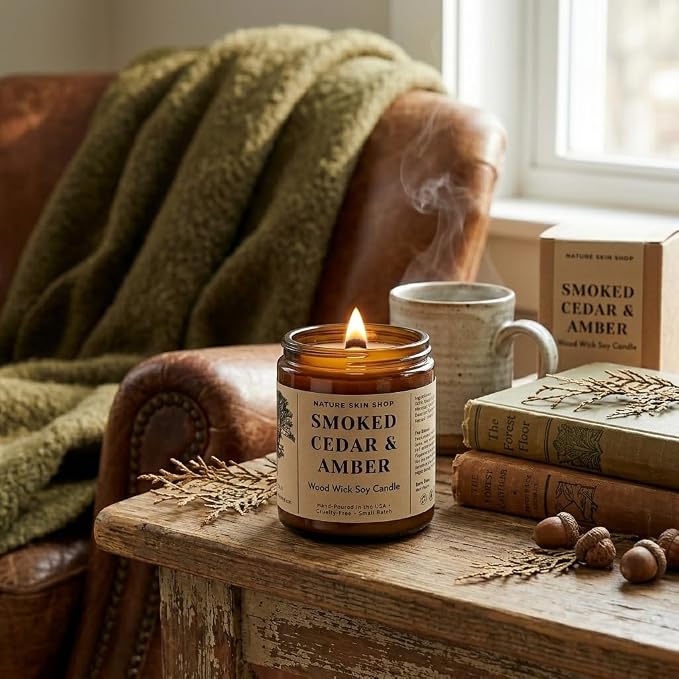 Nature Skin Shop Smoked Cedar Artisan Soy Candle Wood Wick Aromatherapy Home Fragrance Crackling Vegan 8 oz