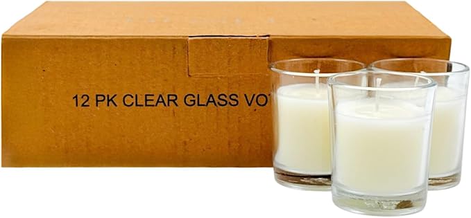 Hosley Set of 12 Ivory Unscented Votive Candles 12 Hour Burn Time Hand-Poured Wax in Clear Glass Holders Long-Lasting, Smokeless Candles for Weddings, Home Décor, Spa & Events.