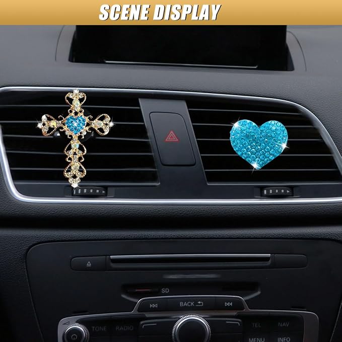 2PCS Bling Cross & Heart Car Dashboard Air Vent Trim Clip, Sparkly Rhinestone Car Air Vent Clips, Diamond Auto Diffuser Charm Clip, Auto Interior Decoration Accessory for Women Girls (Blue)