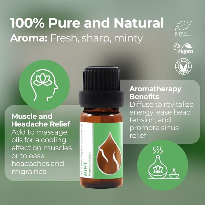 Essences Bulgaria Organic Mint Essential Oil 1/3 Fl Oz | 10ml | Mentha arvensis | 100% Pure and Natural | Undiluted | Therapeutic Grade | Family Owned Farm | Steam-Distilled | Non-GMO | Vegan