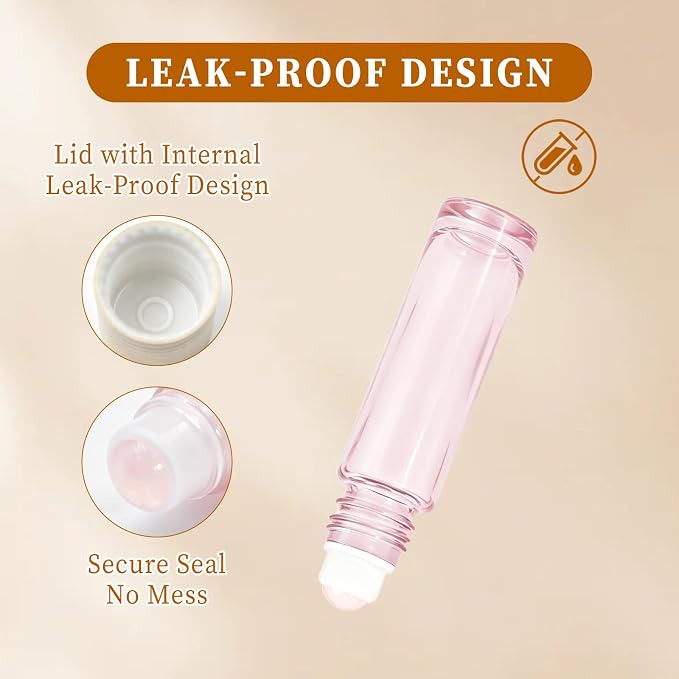 Cocurb 10ml Rose Quartz Roller Bottles with 8 Colors,Thick Travel Size Glass Bottles for Essential Oils Perfume with Liquid Dispensing Tools,Leak-Proof,Color Coding