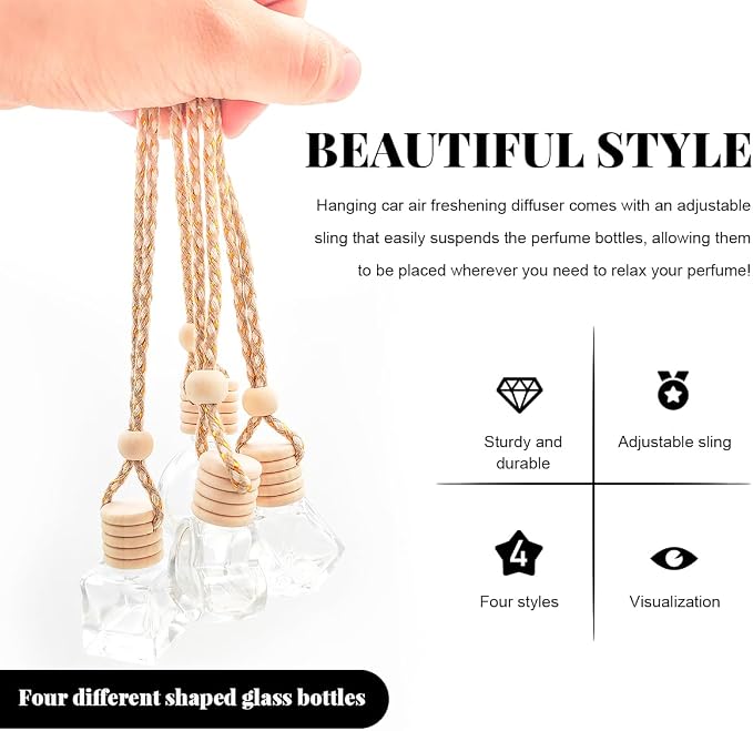 5 PCS Hanging Car Air Freshener, 8ml Empty Clear Glass Perfume Bottle Freshener Diffuser, Essential Oil Fragrance Aromatherapy Bottle Ornament for Car, Interior Car Accessories (Rhombic)