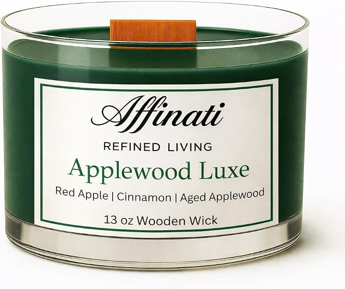 Affinati Applewood Luxe Wooden Wick Candle – Luxury Wooden Bowl, 13 oz