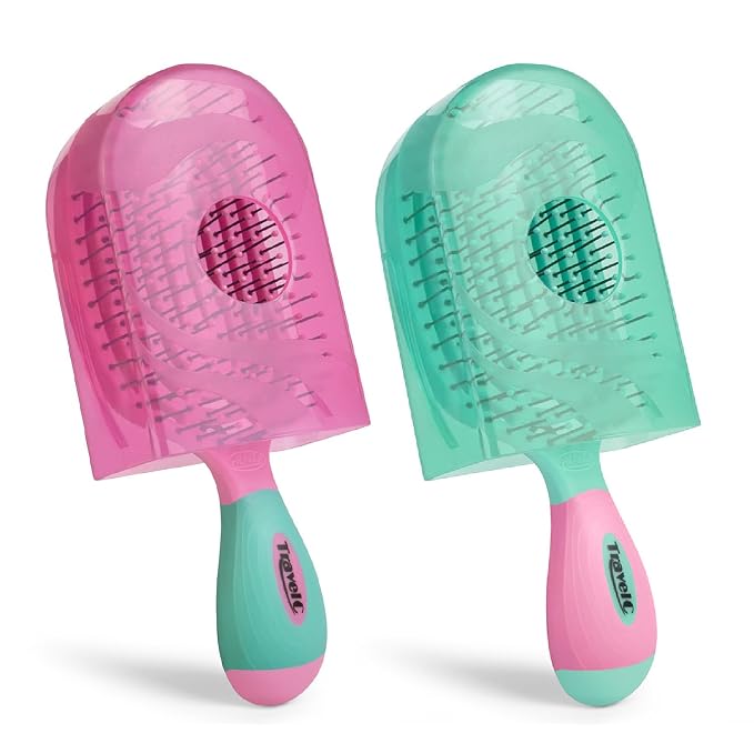 NuWay® TravelC® Detangling Hair Brush Set (2 Brushes) – Mix-n-Match Travel Case Colors, Patented Curved Vented Design with Protective Case for Wet or Dry Hair (Pink & Teal)
